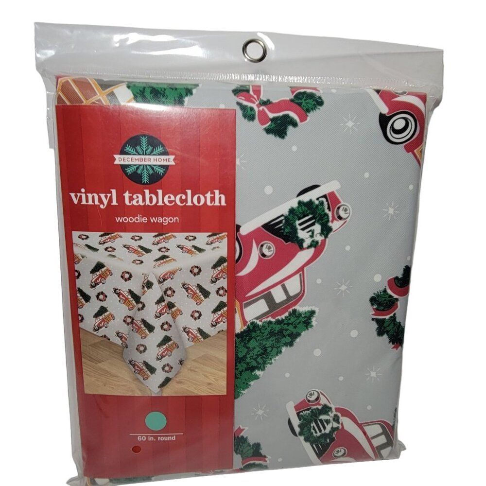 Christmas Tablecloth‎ Round 60" Vinyl Woodie Wagon Car Fit 36-48" Holiday Dining